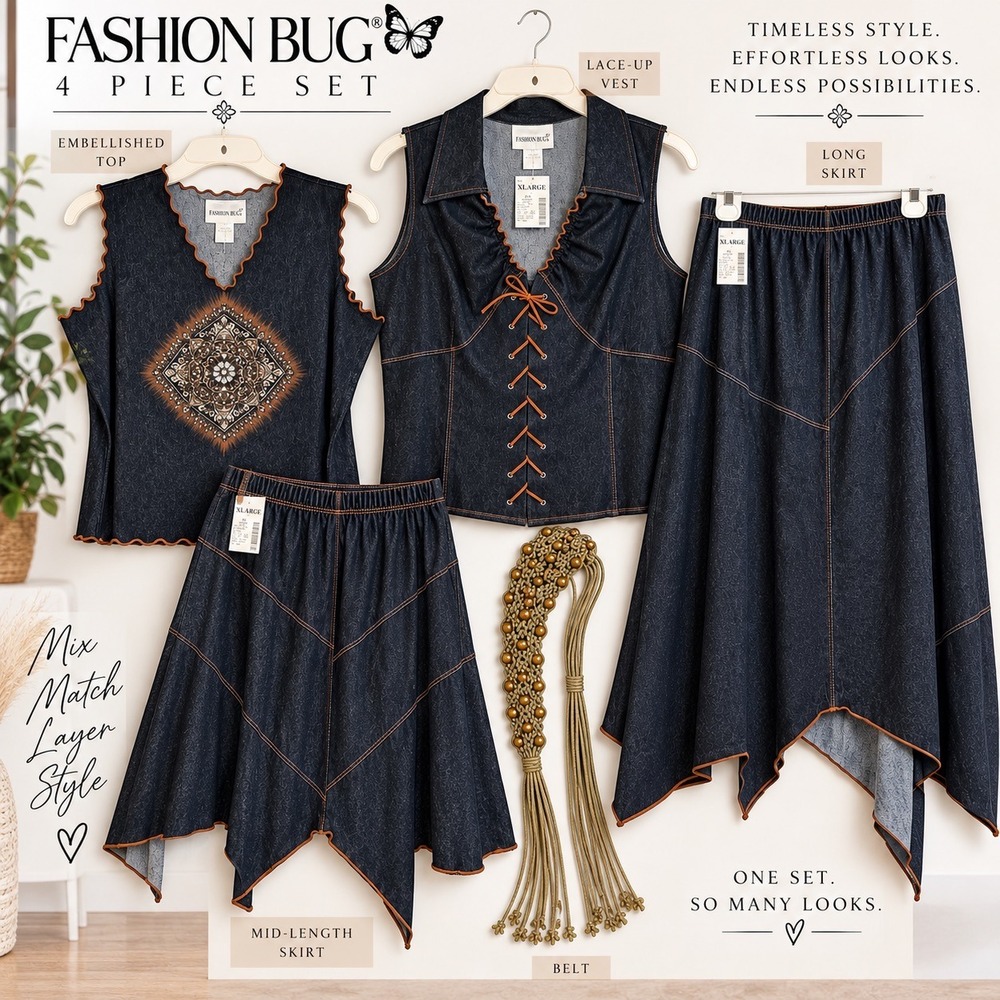 Fashion Bug 4 Piece Denim Set XL Vest Embellished Top 2 Skirts Belt Vintage USA